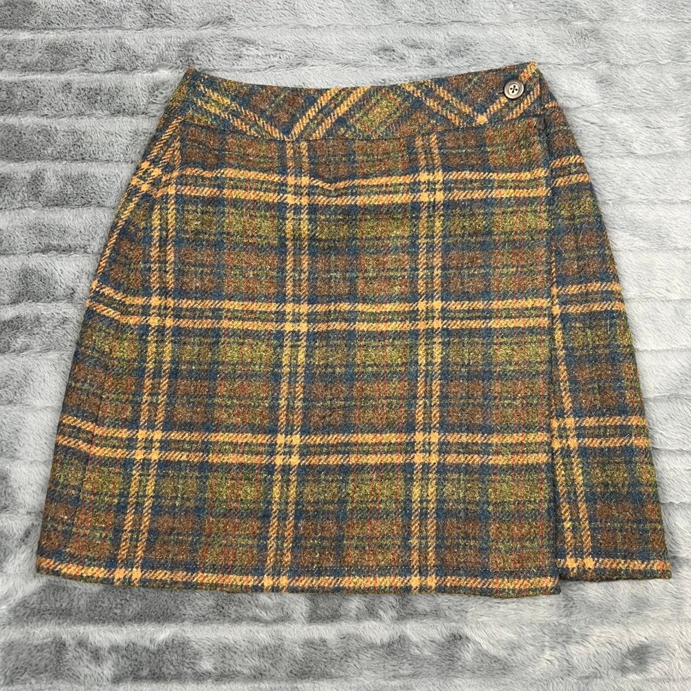 GH Bass Women Green Plaid Wool Blend Wrap Mini Skirt Size 4 Earthy Academic